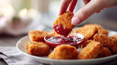 Close-up of a woman's hand dipping a crispy chicken nugget into tangy barbecue sauce, with a plate of freshly cooked nuggets on the tableの素材