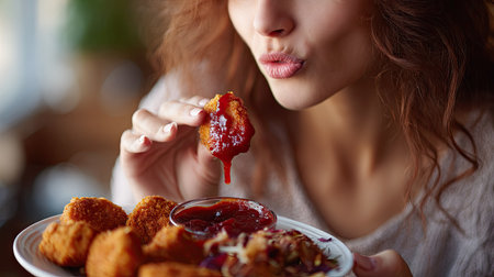 Close-up of a woman savoring a chicken nugget, dipping it into rich barbecue sauce, with an indulgent plate of food beside herの素材