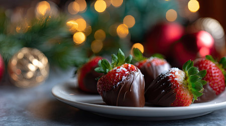 Close-up of strawberries dipped in dark chocolate, sitting on a plate with a backdrop of soft lighting and festive decorationsの素材