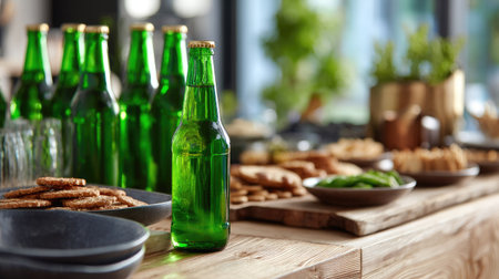 Close-up of green beer bottles on a wooden bar counter with bar snacks nearby, ready to be served to guestsの素材