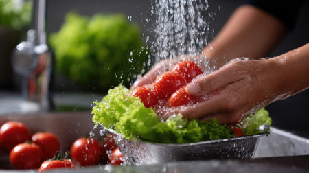Close-up of young man's hands washing cherry tomatoes and lettuce in the sink, water droplets and freshness highlightedの素材