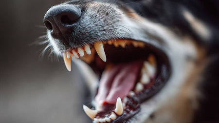 Close-up of a dog's mouth open wide, revealing sharp teeth, showing anger or frustrationの素材