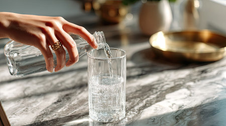 Close-up of a woman filling a glass with refreshing water from a clear bottle, sitting on a stylish marble countertopの素材