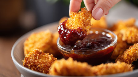 Close-up of a woman dipping a crispy chicken nugget into a rich barbecue sauce, ready to take a delicious biteの素材