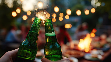 Close-up of two green beer bottles clinking together in a celebratory toast, with a festive outdoor party scene in the backgroundの素材