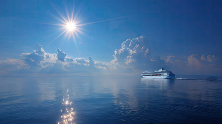 Cruise ship traveling through a clear blue sea, with the sun high in the sky and sparkling reflections on the waterの素材