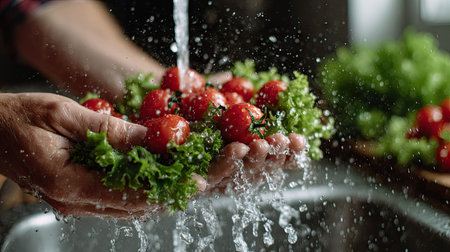 Close-up of young man's hands washing cherry tomatoes and lettuce in the sink, water droplets and freshness highlightedの素材