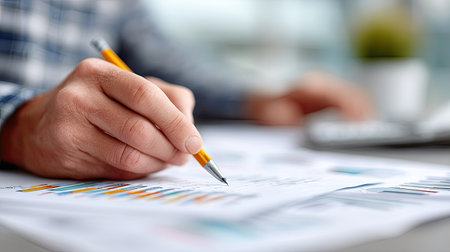 Close-up of male hand holding a pencil, making corrections on a business report at a clean office deskの素材