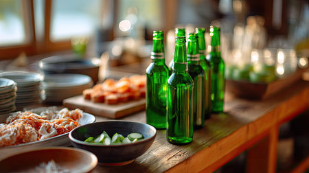 Close-up of green beer bottles on a wooden bar counter with bar snacks nearby, ready to be served to guestsの素材
