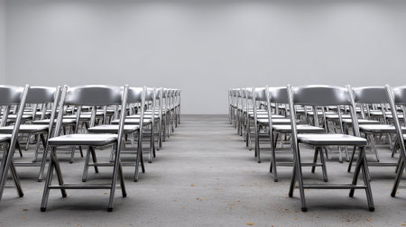 Foldable chairs arranged for a press event, all unoccupied and evenly spaced in a plain settingの素材