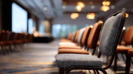 Empty conference room chairs arranged in perfect rows, screen and podium in the background with soft lightingの素材