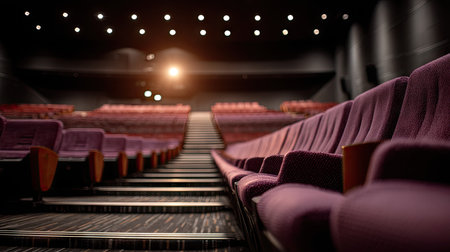 Empty cinema auditorium with soft, spacious armchairs arranged in ascending tiers toward the backの素材