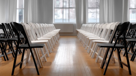 Foldable chairs arranged for a press event, all unoccupied and evenly spaced in a plain settingの素材