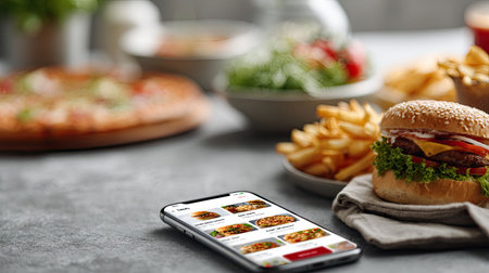 Fast food delivery app interface showing a menu with burgers, fries, and pizzas on a smartphone screenの素材