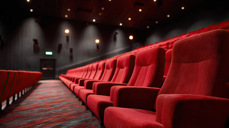 Empty cinema auditorium with soft, spacious armchairs arranged in ascending tiers toward the backの素材