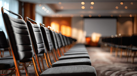 Empty conference room chairs arranged in perfect rows, screen and podium in the background with soft lightingの素材