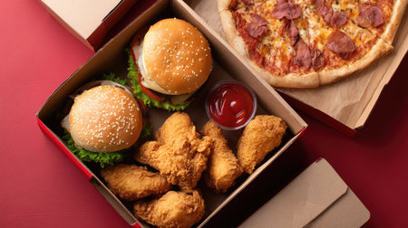 Fast food delivery flyer with a variety of items like burgers, fried chicken, and pizza, highlighting offers and promotionsの素材