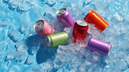 Group of brightly colored beverage cans submerged in melting ice, ideal for summer advertising themesの素材