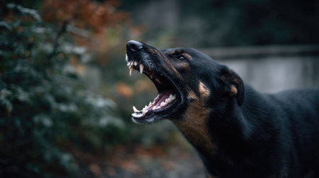 Fearless guard dog showing dangerous teeth as it faces a potential threat, posture stiff and alertの素材