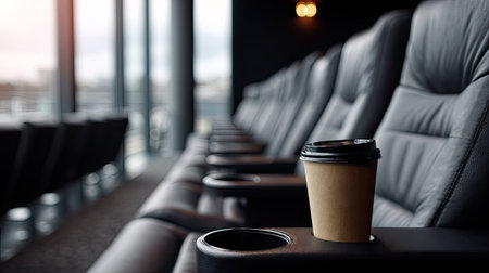 Empty film screening room with black armchairs and clean cup holders, creating a modern, minimalist vibeの素材