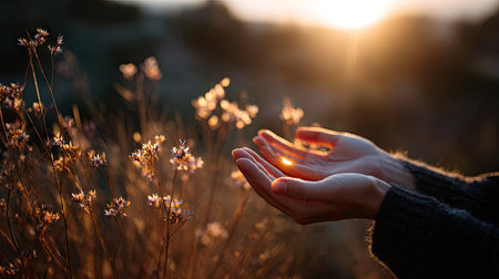Glowing hands of a young woman at golden hour, capturing the last warmth of the day, surrounded by peaceの素材