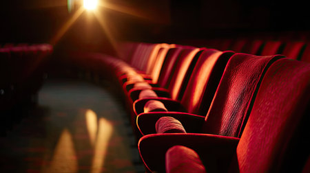 Empty rows of velour cinema armchairs in low warm light, evoking calm before a show beginsの素材