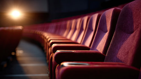 Empty rows of velour cinema armchairs in low warm light, evoking calm before a show beginsの素材