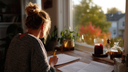 Freelance writer seated at a desk, penciling edits into a rough manuscript in a cozy home settingの素材