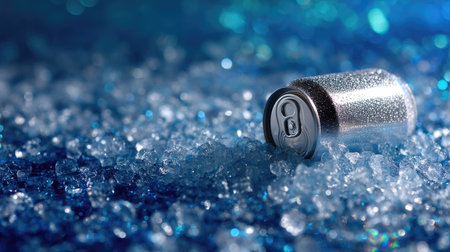 Horizontal aluminum can laying in crushed ice, reflecting cold blue and white lights for a dramatic chill effectの素材