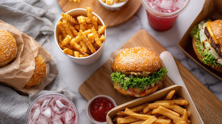 Fast food menu with a variety of delivery options, featuring images of burgers, fries, and fresh drinksの素材