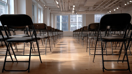 Foldable chairs arranged for a press event, all unoccupied and evenly spaced in a plain settingの素材