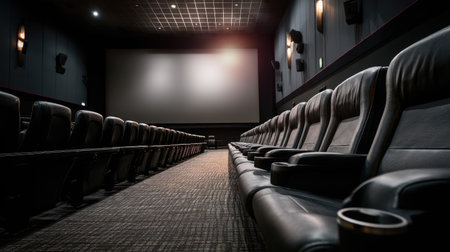 Empty movie theater featuring premium seats with armrests and cup holders, all facing the blank silver screenの素材