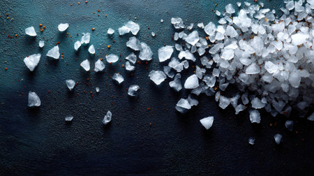 Fine crushed ice scattered over a dark textured surface, shot from above for use as a cooling or beverage backgroundの素材