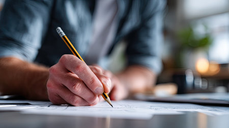 Focused working man sitting at a desk, using a pencil to carefully write notes on a printed documentの素材