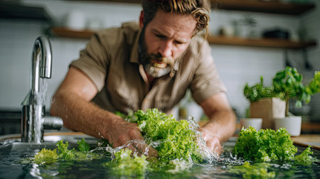 Focused man cleaning leafy greens in the kitchen sink, hands submerged in water with vegetables floatingの素材