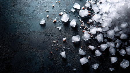 Fine crushed ice scattered over a dark textured surface, shot from above for use as a cooling or beverage backgroundの素材
