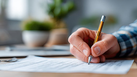 Employee seated at office desk, using a wooden pencil to draft responses on a printed questionnaireの素材