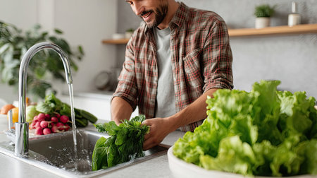 Handsome young man in a casual shirt washing vegetables in the sink, demonstrating healthy food prep at homeの素材