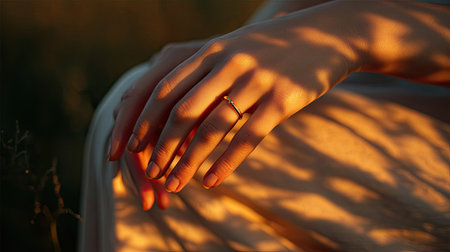 Female hands casting soft shadows on the skin, bathed in golden light from the setting sun, evoking peace and warmthの素材