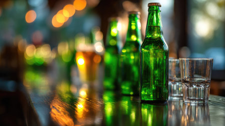 Green beer bottles arranged on a bar, with a few filled glasses beside them, reflecting soft, golden light in the backgroundの素材