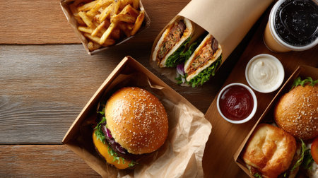Fast food delivery menu with photos of burgers, sandwiches, and desserts, placed on a wooden table next to condimentsの素材