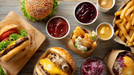 Fast food delivery menu with photos of burgers, sandwiches, and desserts, placed on a wooden table next to condimentsの素材