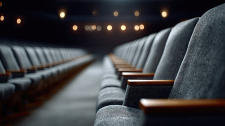 Front view of rows of empty theater chairs with soft padding, creating a sense of silence and anticipationの素材