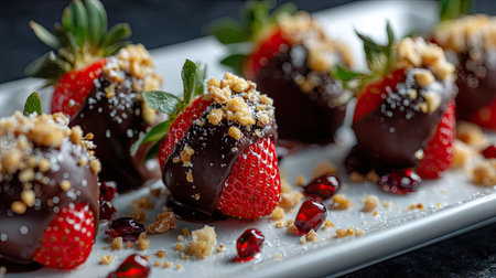 Fresh strawberries dipped in dark chocolate and garnished with crushed nuts, creating a gourmet dessert experienceの素材