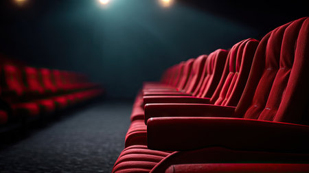 Empty theater with wide, cushioned red armchairs, dim ambient light enhancing the cinematic moodの素材