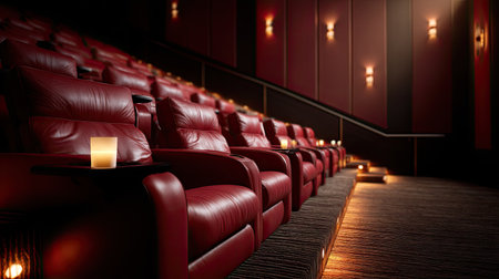 Empty luxury theater with reclining armchairs, cup holders, and ambient lighting along the stepsの素材