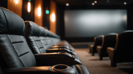 Empty movie theater featuring premium seats with armrests and cup holders, all facing the blank silver screenの素材