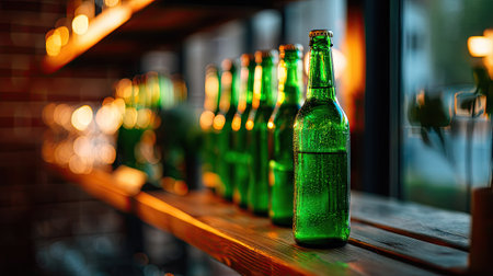 Green beer bottles lined up on a shelf in a cozy pub, with dim lighting highlighting their vibrant colorの素材