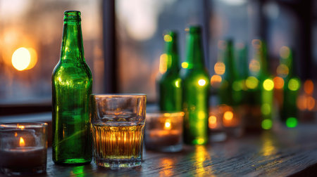 Green beer bottles arranged on a bar, with a few filled glasses beside them, reflecting soft, golden light in the backgroundの素材