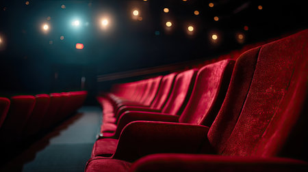 Empty theater with wide, cushioned red armchairs, dim ambient light enhancing the cinematic moodの素材